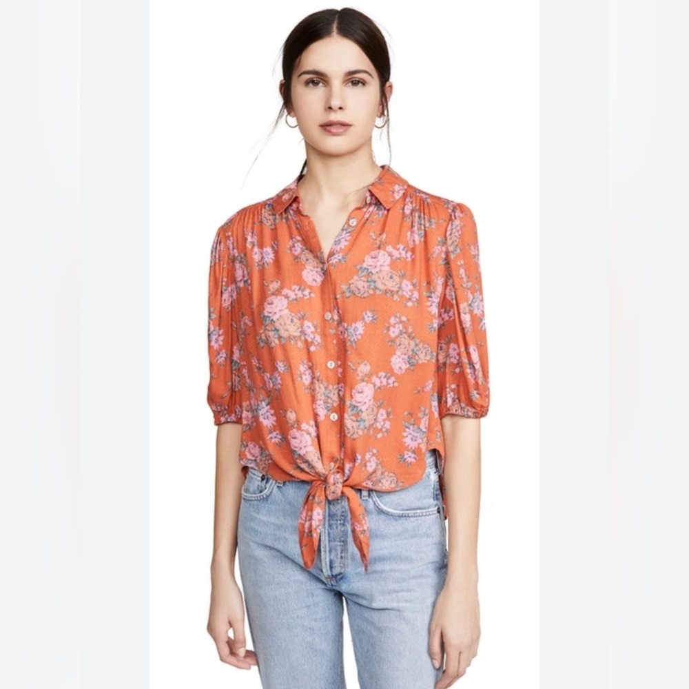 Free People Orange Floral Tie-Front Button-Up Top